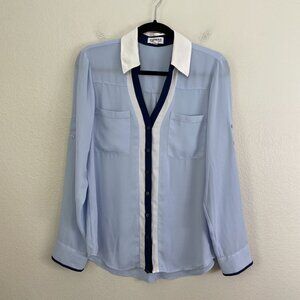 Express Portofino Shirt Womens Medium Blue Button Up Roll Tab Sleeve Blouse Top